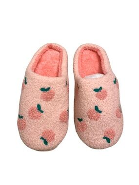 Peach Embellished Slippers Pink Green Size 9 Novelty Print Coquette